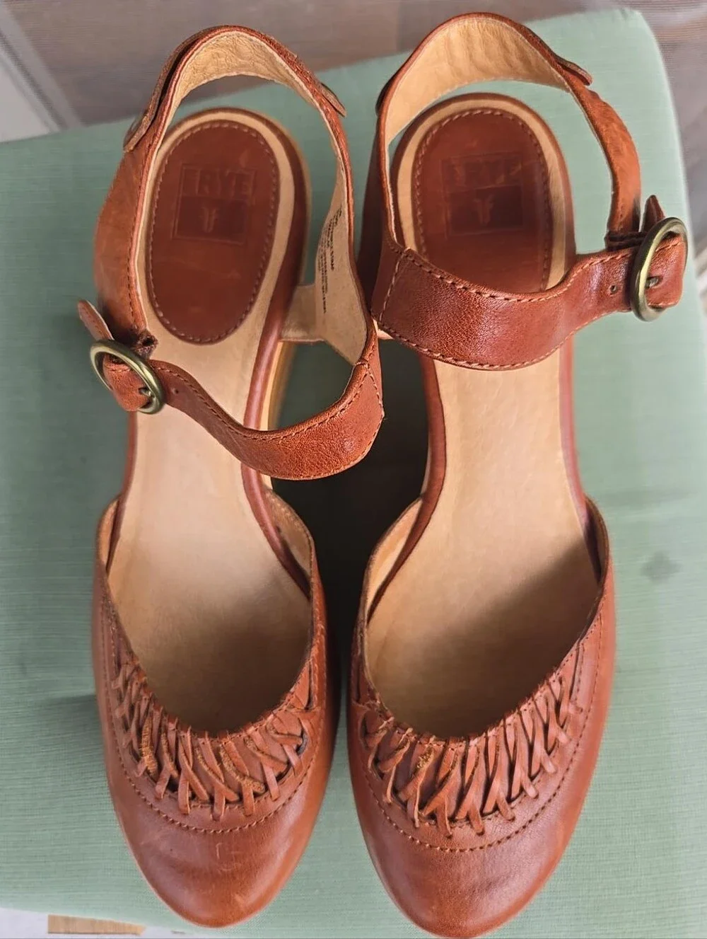 Frye Blair Cognac Leather Closed Toe Mary Jane Platform Wedges Size 10M